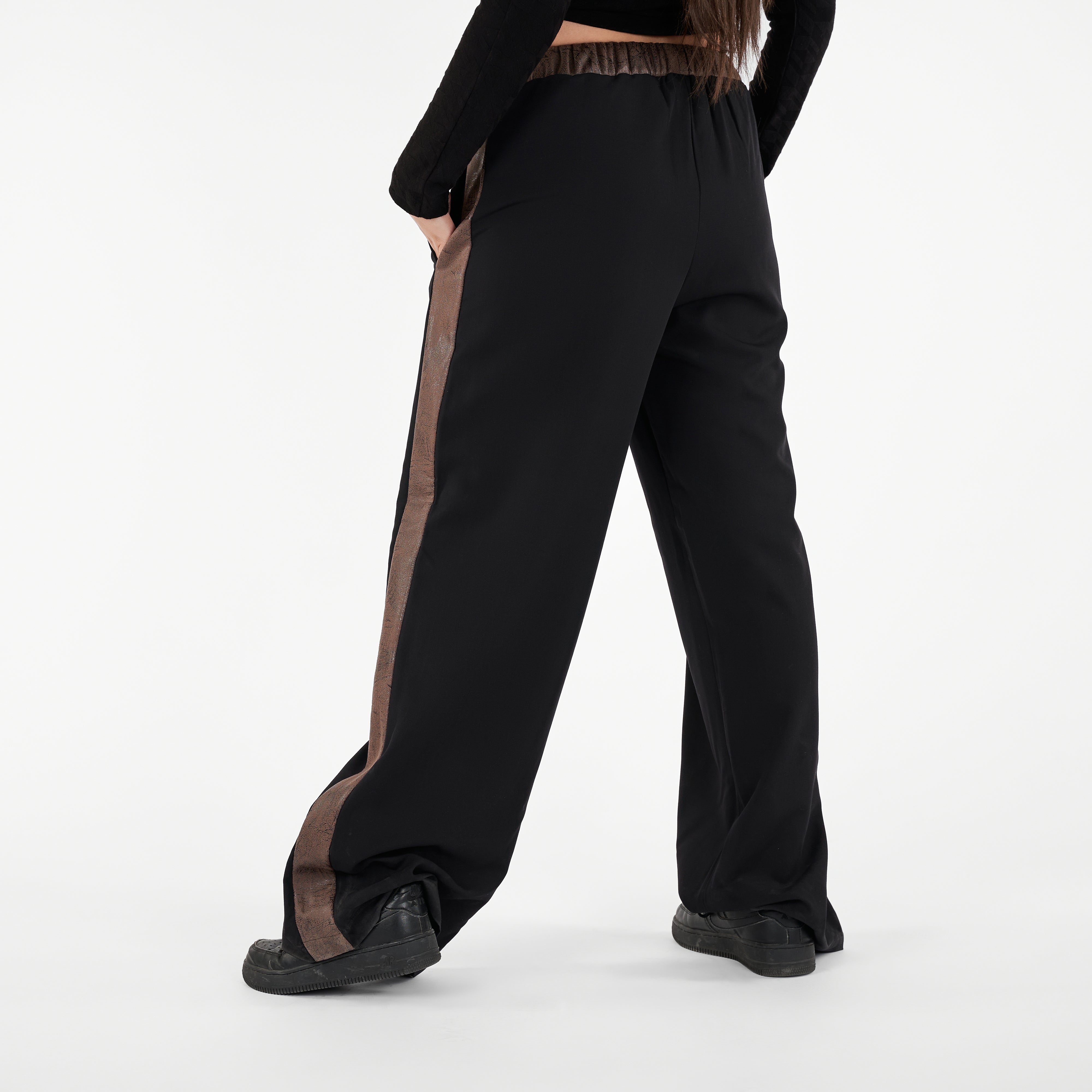 Upper Part and Side Faux Leather Wide Leg Trouser