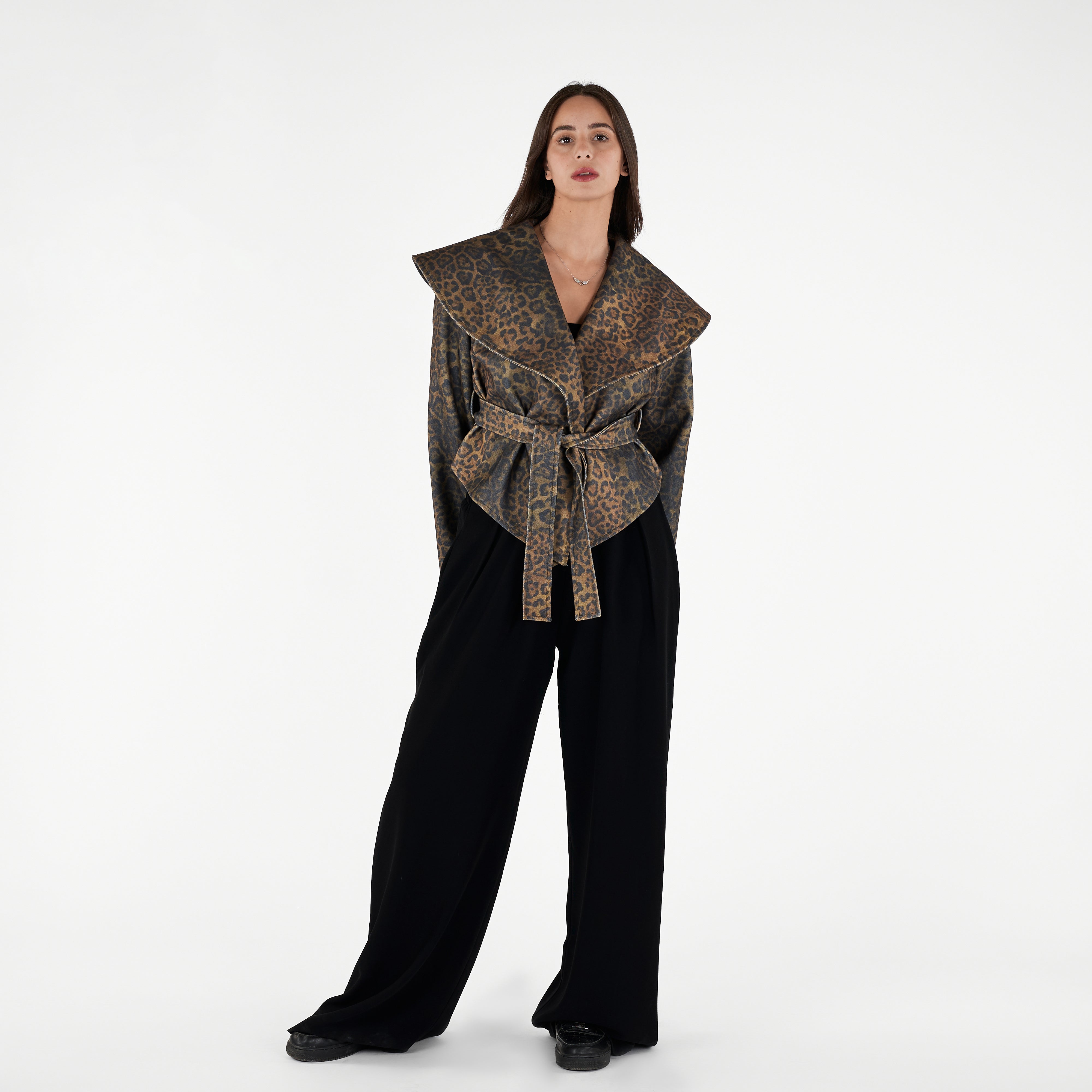 Wide Lapel Cropped Leopard Print with Waist Belt Jacket