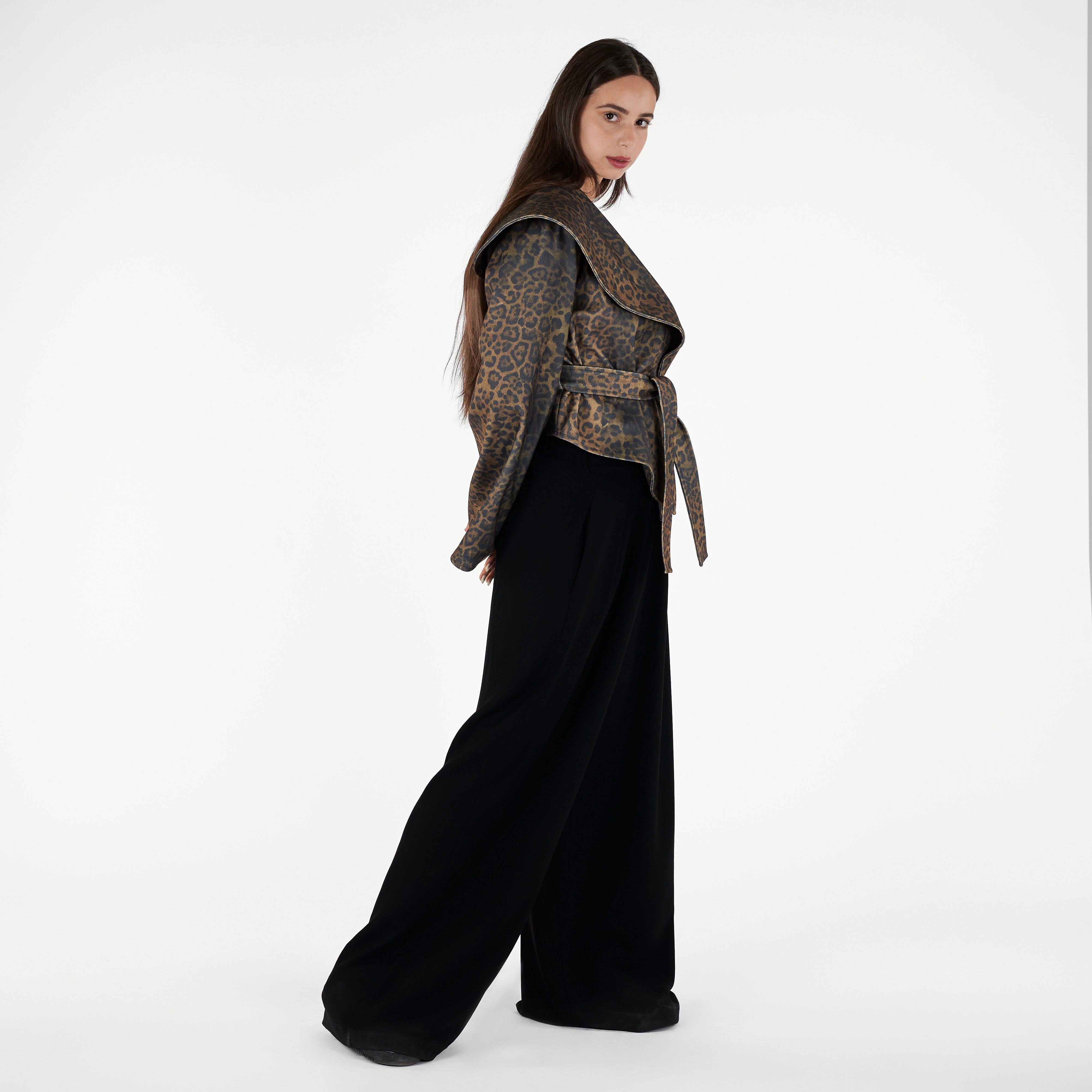Wide Lapel Cropped Leopard Print with Waist Belt Jacket