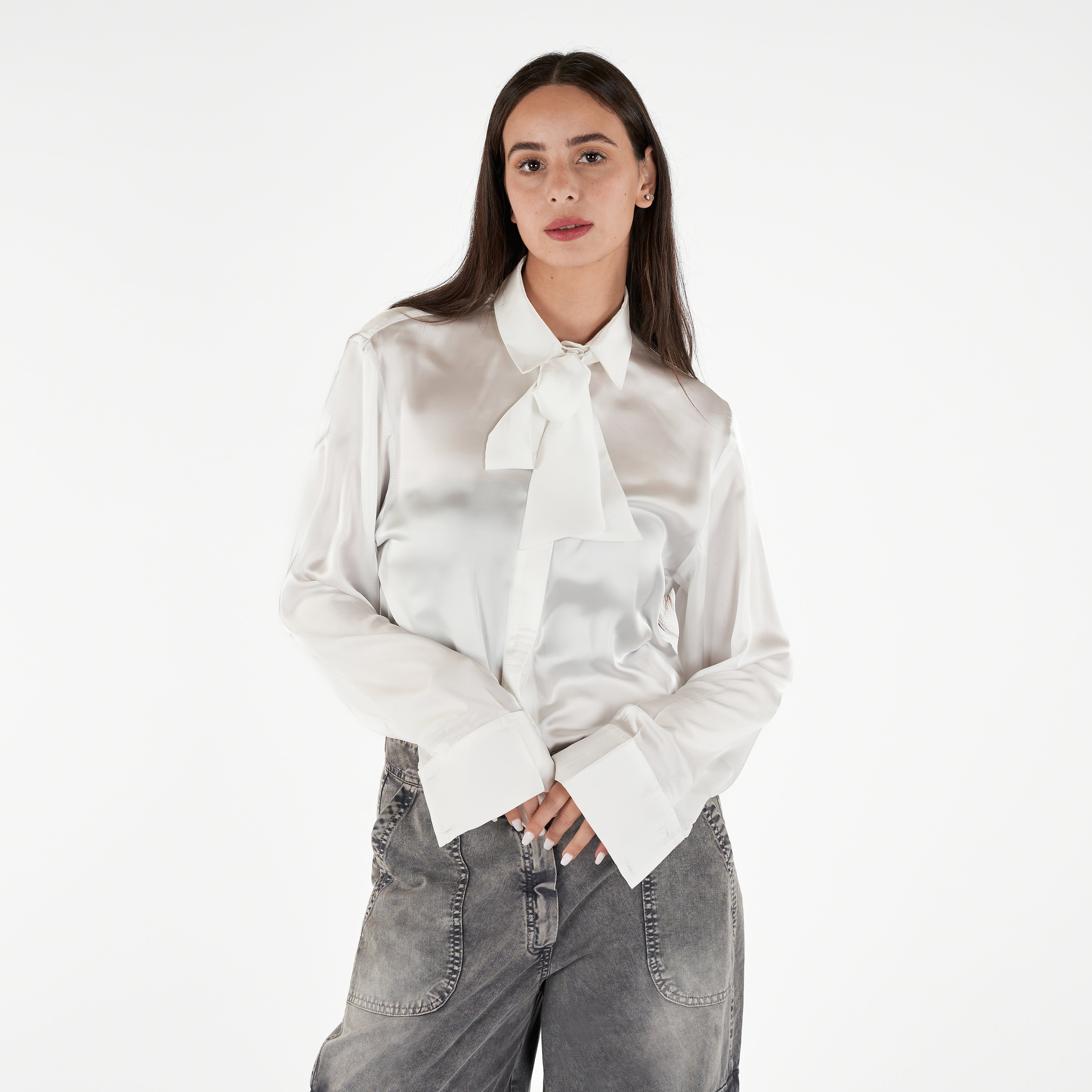 Long Sleeve Tie Neck Satin Blouse