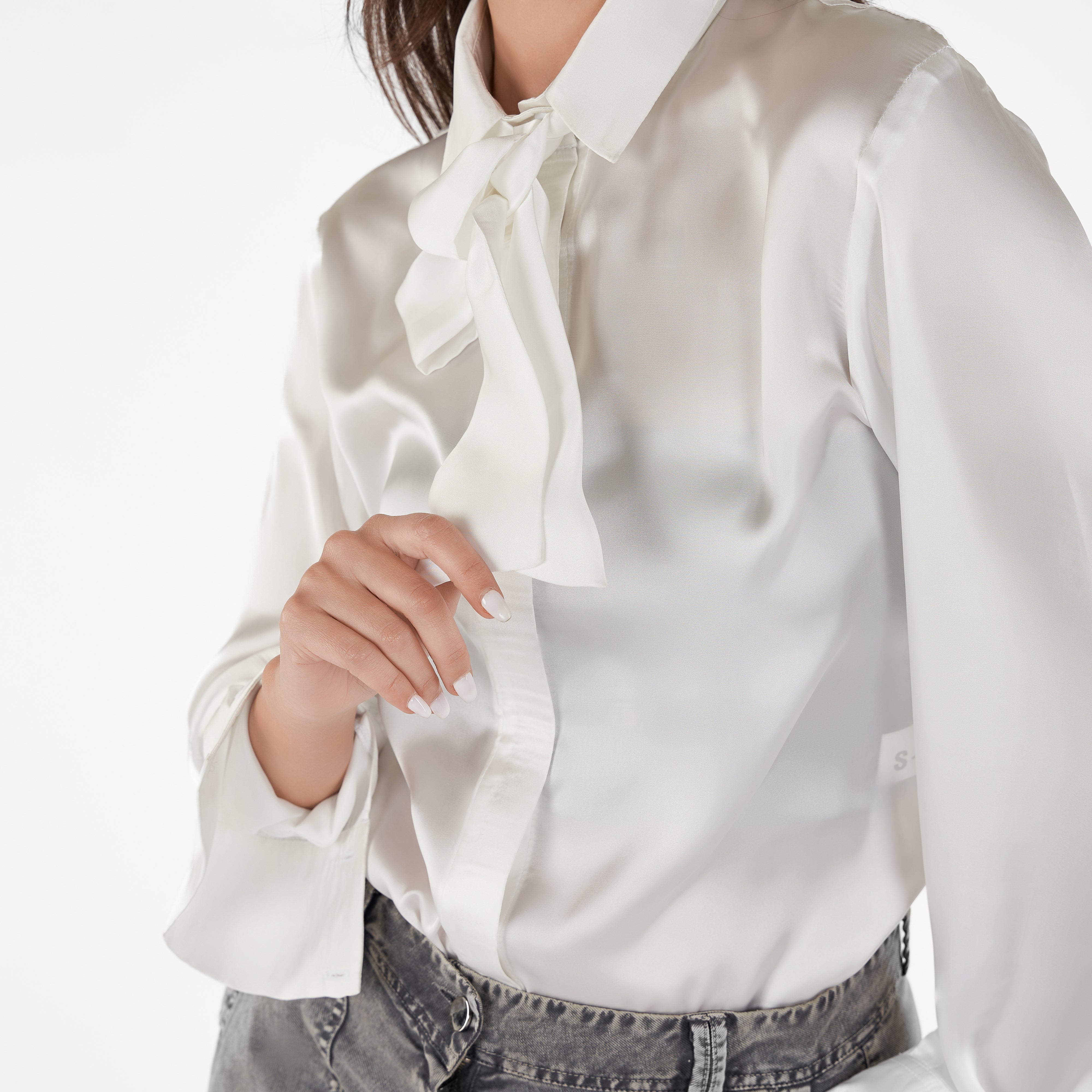 Long Sleeve Tie Neck Satin Blouse