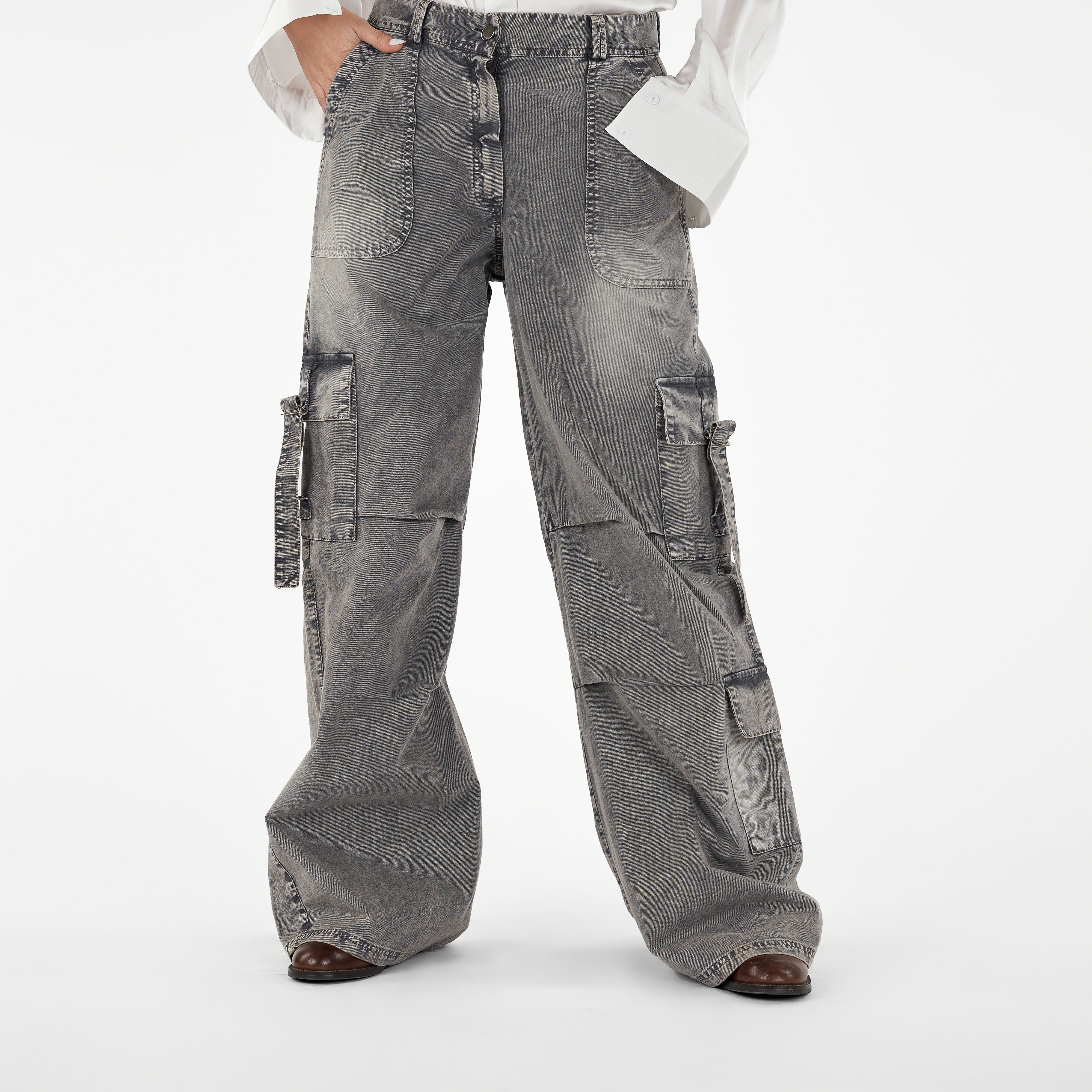 Wide Leg Cargo Denim Pants