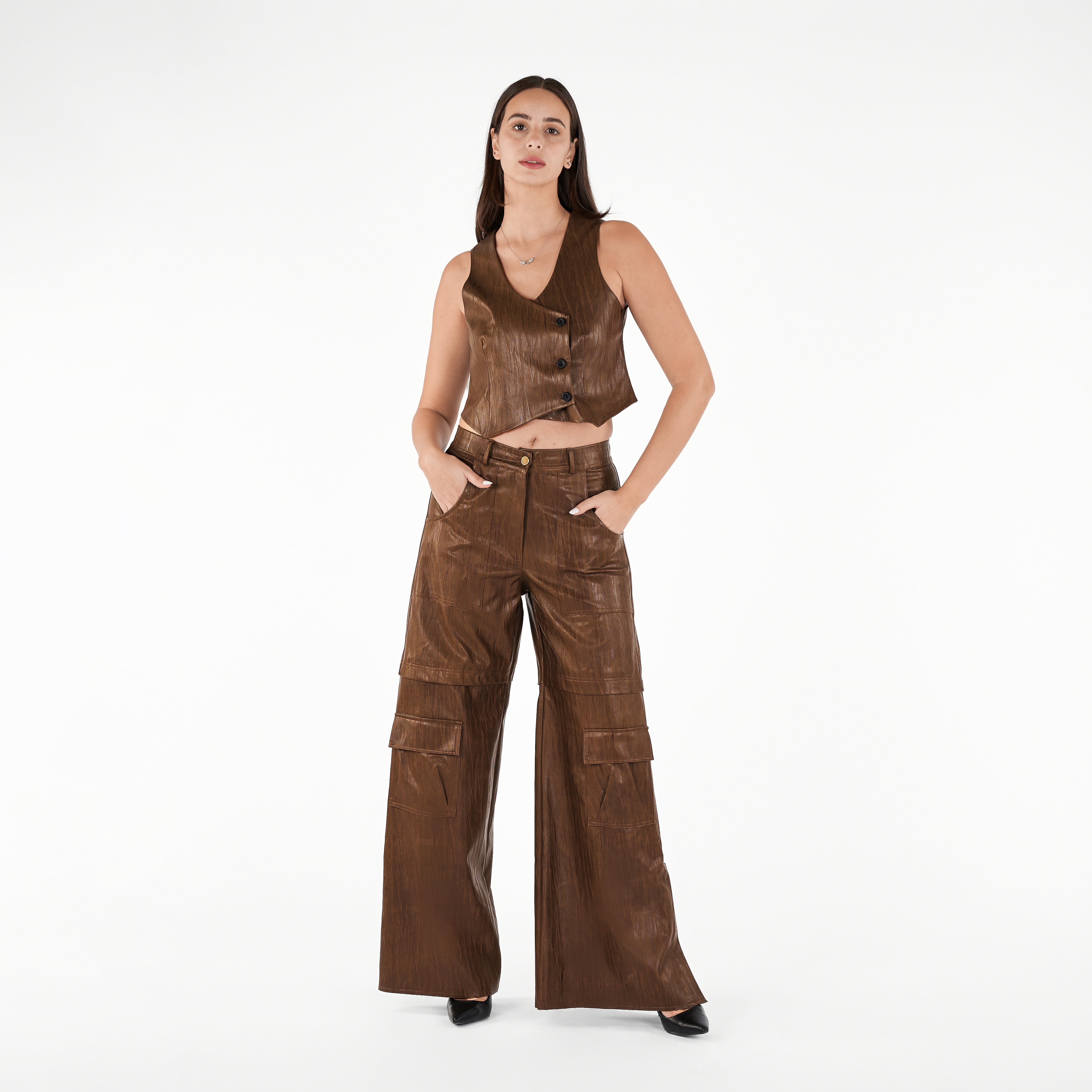 Faux Leather High Waist Wide Leg Cargo Pants