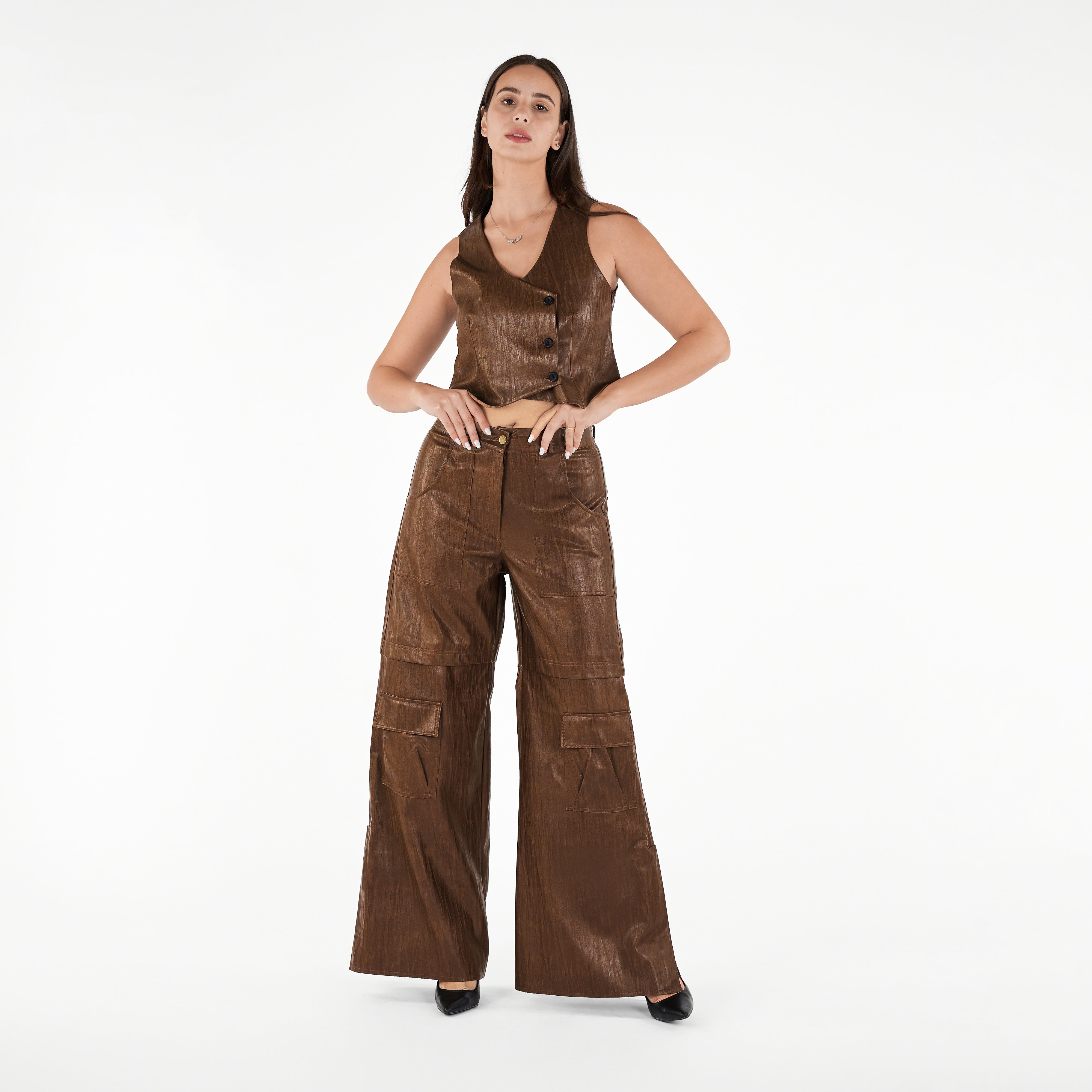 Faux Leather High Waist Wide Leg Cargo Pants