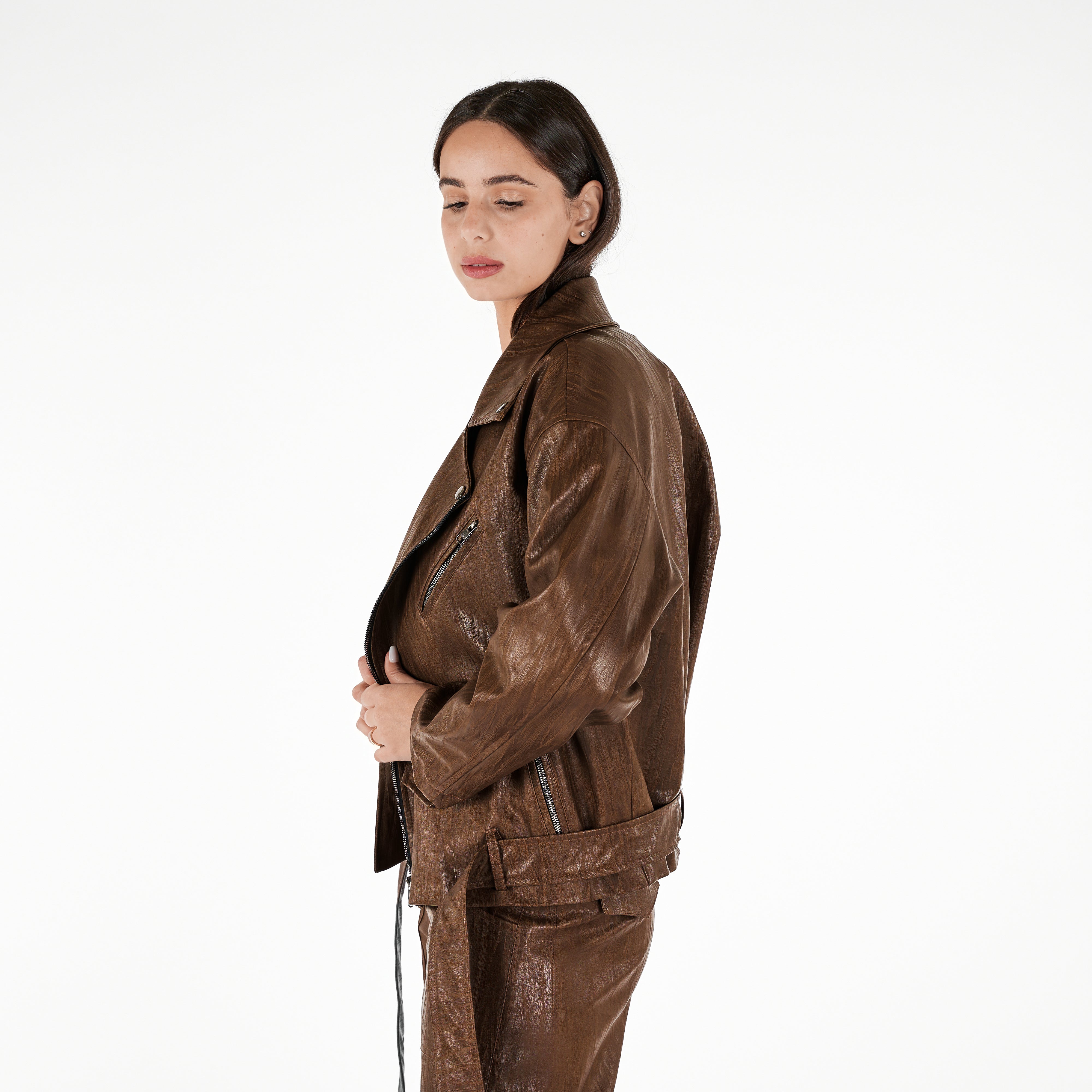 Faux Leather Bicker Belted Waist Jacket