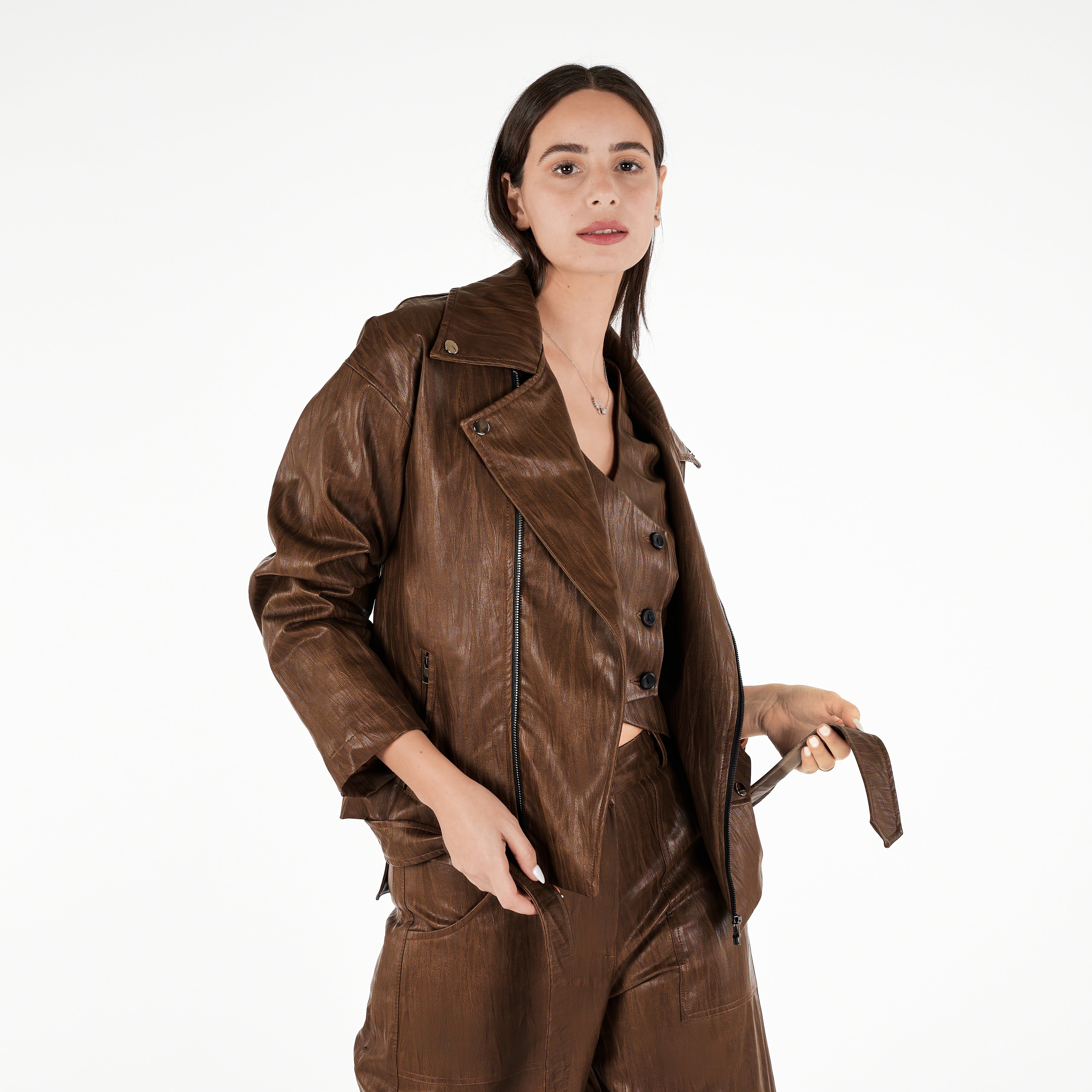 Faux Leather Bicker Belted Waist Jacket